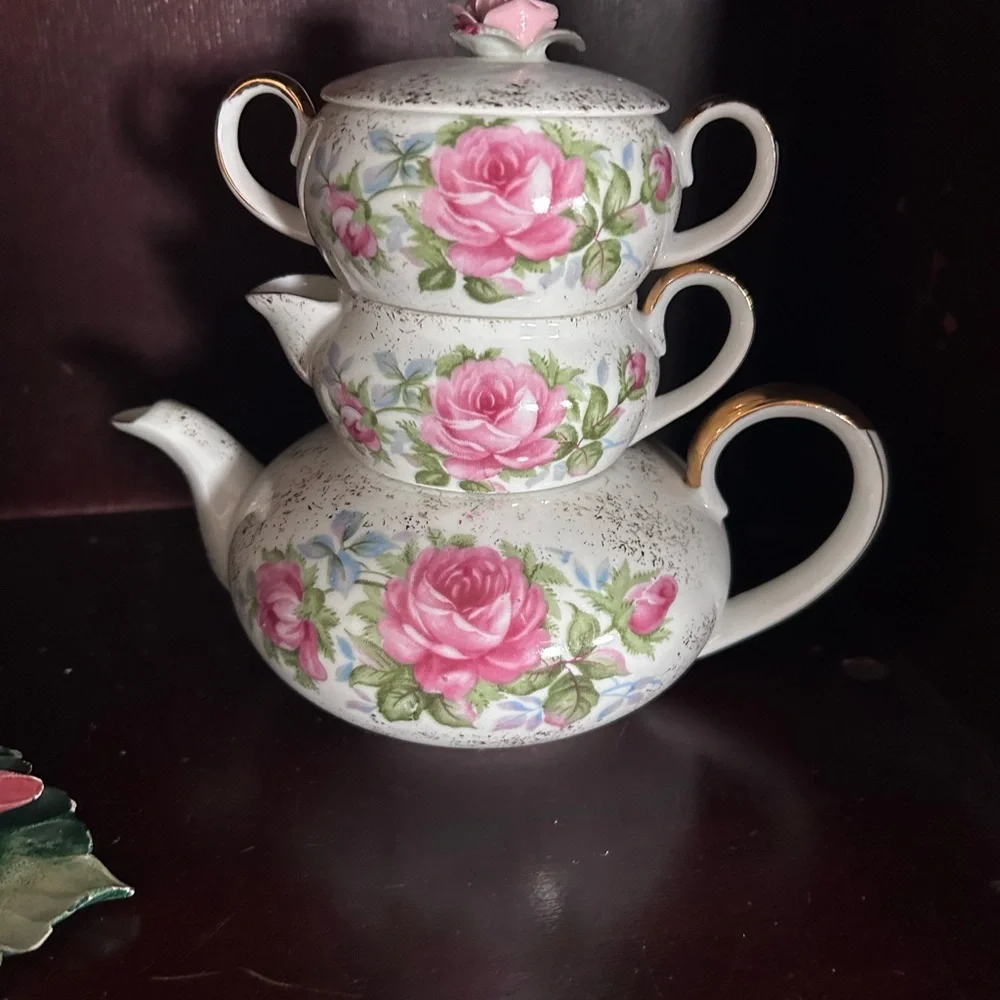 Lefton Dresdon Pink Rose Stacked Teapot Set - Picture 1 of 3